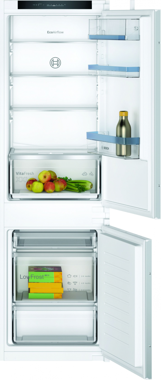 Frigorífico combi integrable Bosch KIV86VSE0, 177.2 x 54.1 x 54.8 cm, LowFrost, clase E, 229 kWh año, 35dB, 267 litros, reversible, blanco